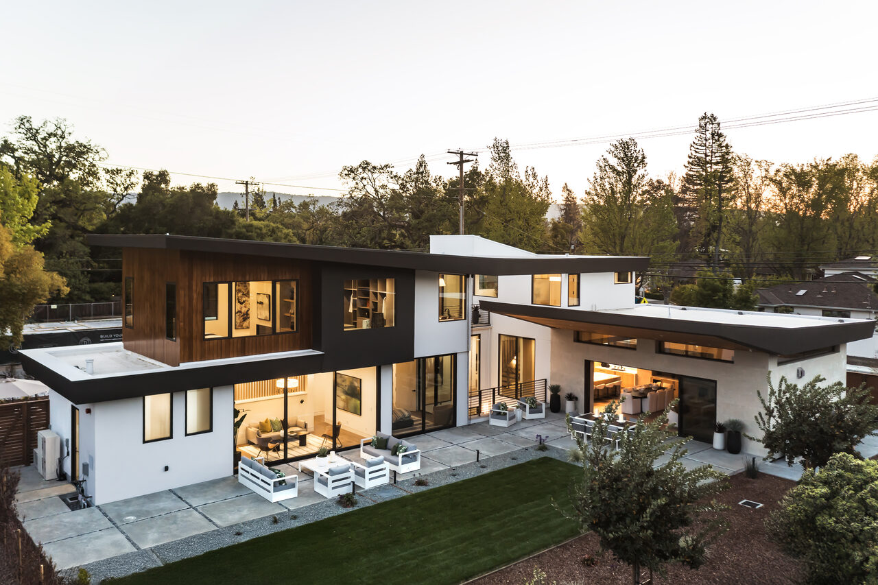 Menlo Park custom home — aerial rear view